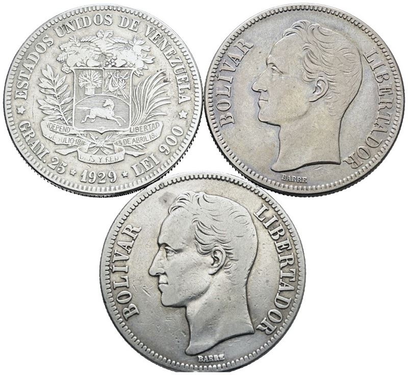 VENEZUELA, Lotto di 3 monete da 5 bolivar in argento da 25 gr l'una, date e conservazioni varie