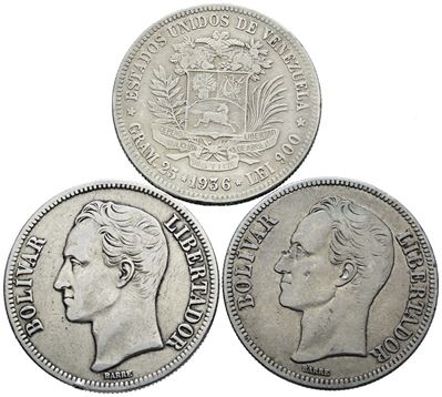 Monete venezuelane, Lotto di 3 monete da 5 bolivar in argento