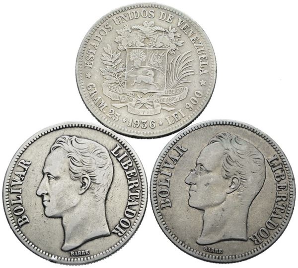 VENEZUELA. Lotto di 3 monete da 5 bolivar da 25gr cadauno. Ag; Date e conservazioni varie.