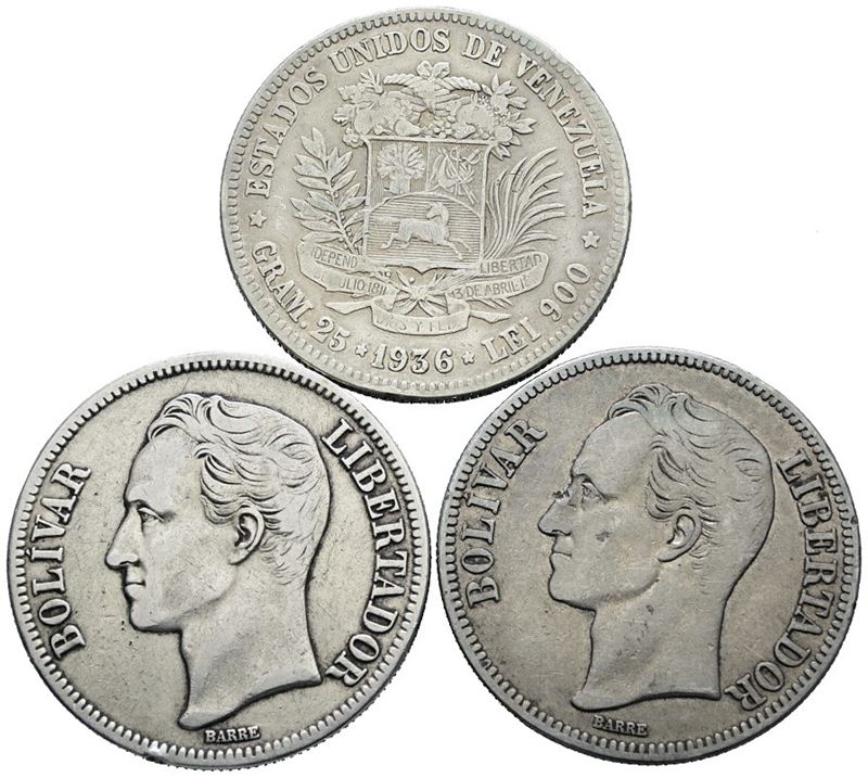 Venezuela. Lotto di 3 Monete da 5 Bolivar da 25gr Cadauno. Ag; Date e Conservazioni Varie.