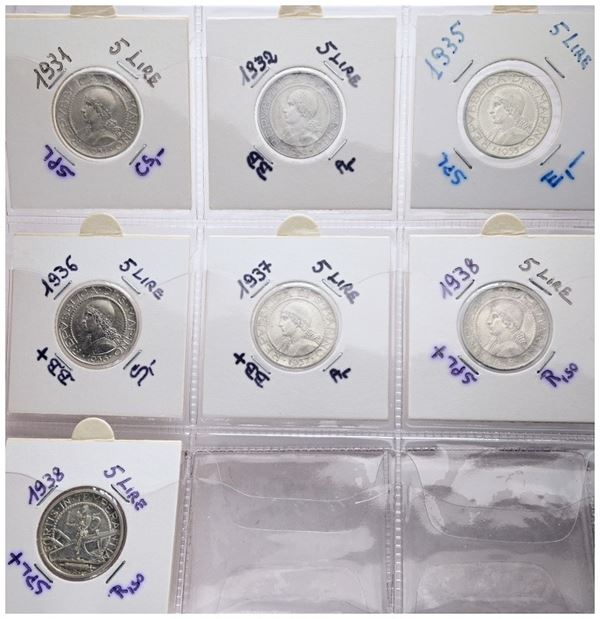 SAN MARINO. Vecchia monetazione (1864-1938). Interessante lotto di 7 monete da 5 lire. Ag; Date e conservazioni varie.