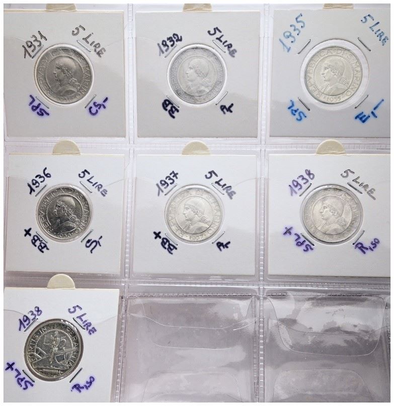 San Marino, Lotto di 7 monete da 5 lire (1864-1938), Argento