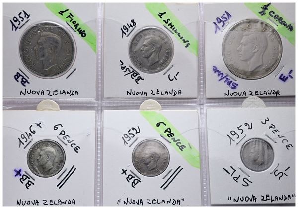 NUOVA ZELANDA. Giorgio VI (1936-1952). Lotto di 6 monete. Metalli, nominali, date e conservazioni varie.
