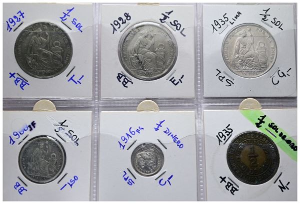 PERU'.  Lotto di 6 monete, anche in Ag. Metalli, nominali, date e conservazioni varie.