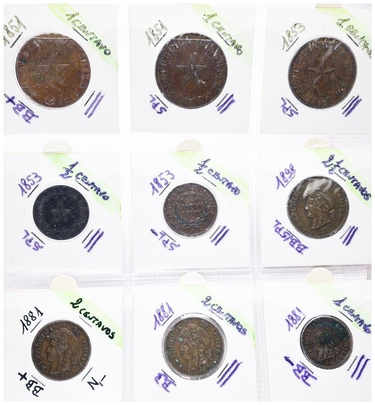 Monete del Cile, Lotto di 9 monete, cu; nominali, date e conservazioni varie