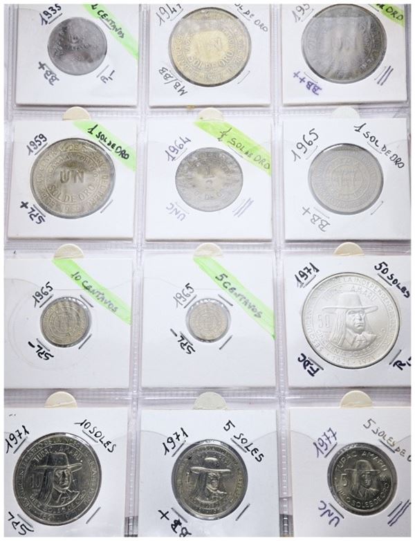 PERU'. Lotto di 12 monete. Nominali, metalli, date e conservazioni varie.