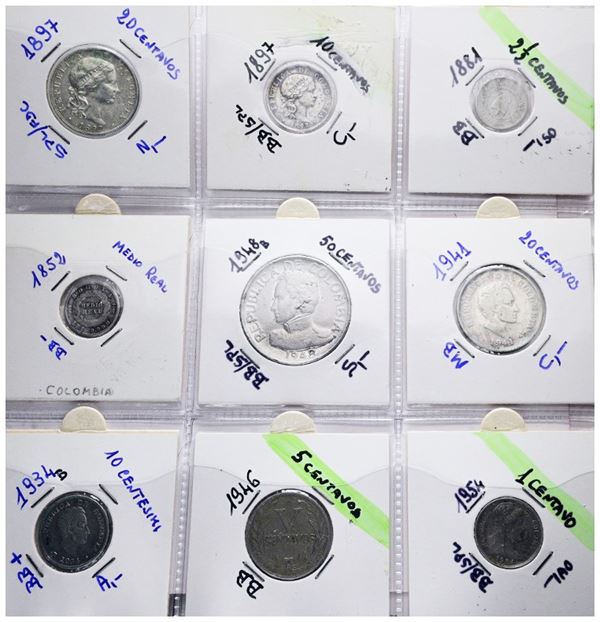 COLOMBIA. Lotto di 9 monete. Nominali, metalli, date e conservazioni varie.