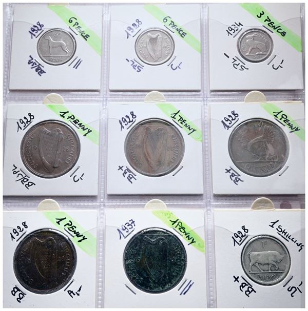 IRLANDA. Lotto di 9 monete. Nominali, metalli, date e conservazioni varie.