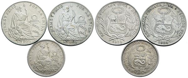 PERU'. Lotto di 3 monete da 1 sol e 1/2 sol. Ag; date e conservazioni varie.