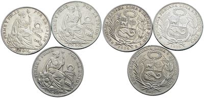 Monete peruviane, Lotto di 3 monete da 1 sol 1914, 1924, 1934, Argento