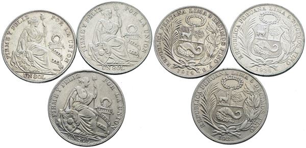 PERU'. Lotto di 3 monete da 1 sol 1914, 1924, 1934. Ag; conservazioni varie.