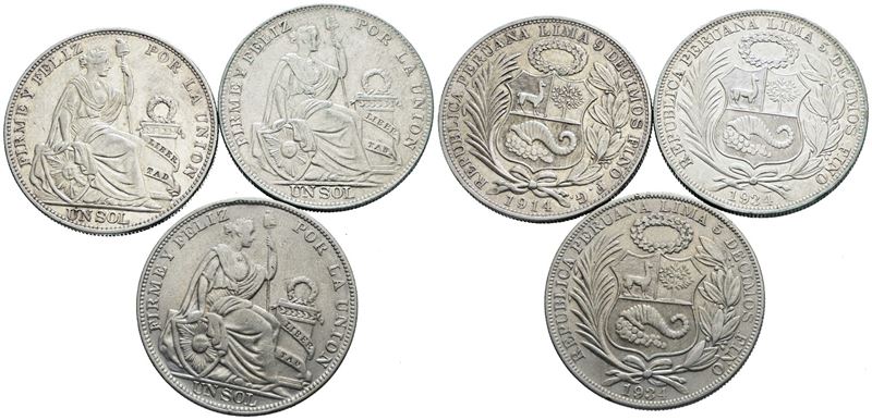 Monete peruviane, Lotto di 3 monete da 1 sol 1914, 1924, 1934, Argento