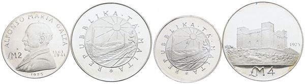 MALTA. Lotto di 2 monete da 2, 4 lire 1975. Ag; FDC
