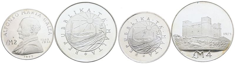 Malta, Lotto di 2 monete da 2 e 4 lire, 1975, Argento, FDC