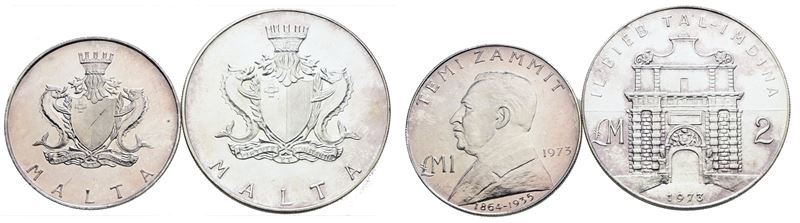 Malta, Lotto di 2 monete da 1 e 2 lire, 1973, Argento