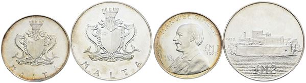 MALTA. Lotto di 2 monete da 1, 2 lire 1972. Ag; FDC