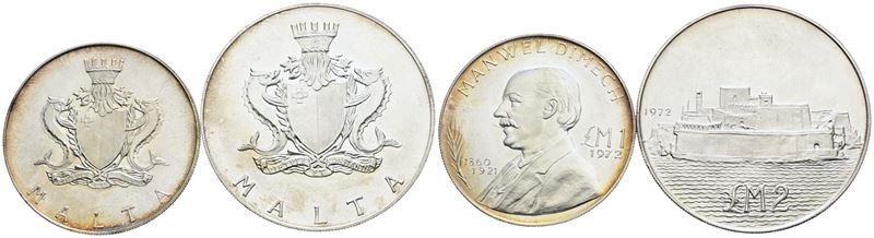 Malta, Lotto di 2 monete da 1 e 2 lire del 1972, Ag