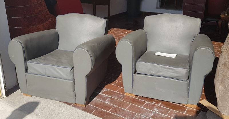Coppia di poltrone Chester in pelle grigio e blu, anni '40
