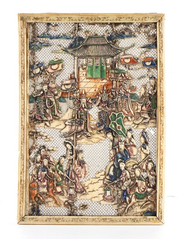 A fine painted, carved, and engraved plaque depicting a court scene, military events, a procession, or a legendary historical episode. China, Qing Dynasty, 19th century.