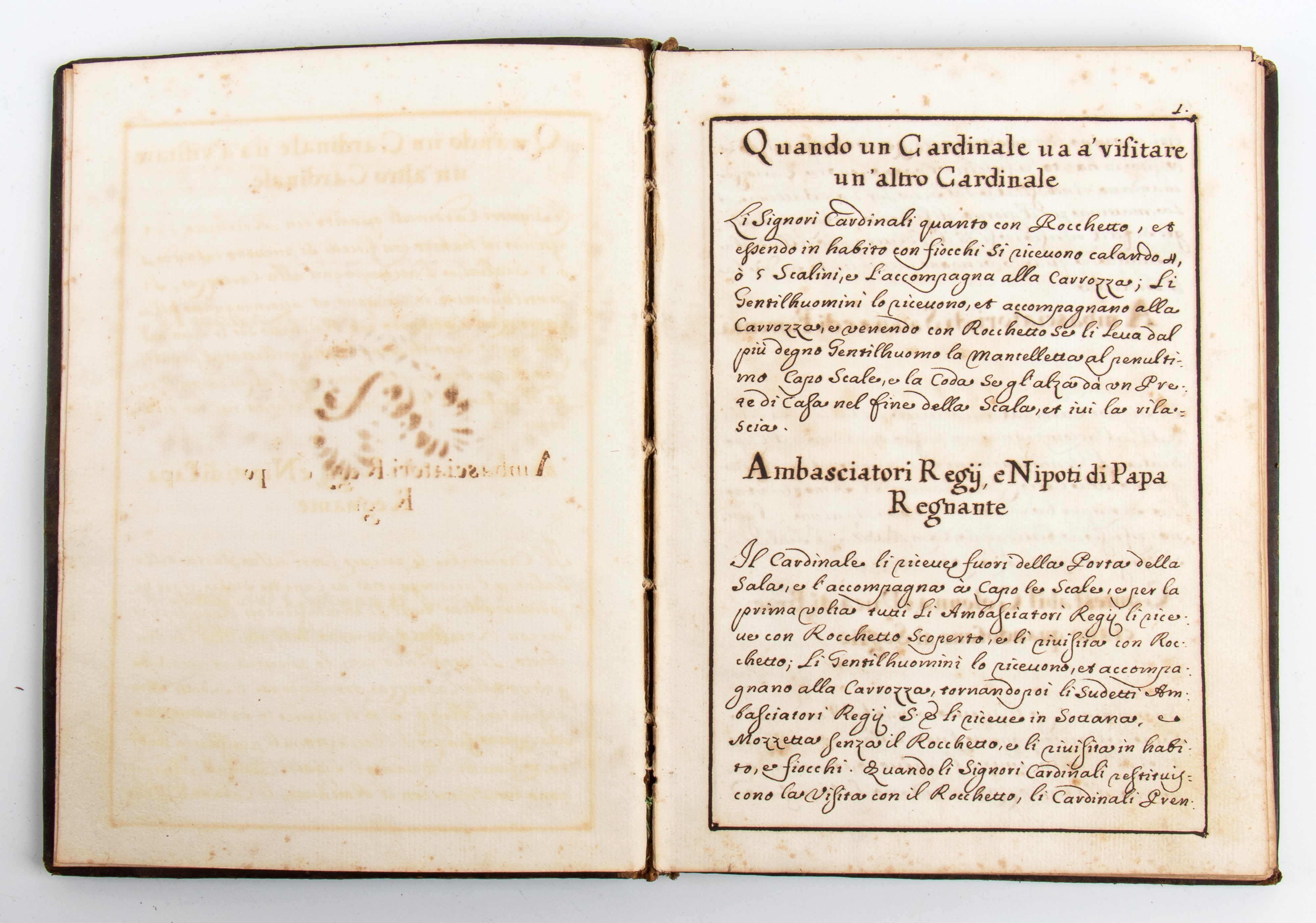 MANOSCRITTO Modo, che sogliono tenere li signori maestri di Camera dell’Emi. E R.mi Signori cardi...