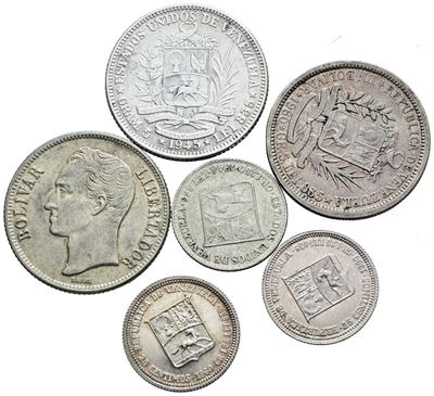 Monete da 1 bolivar e 25 centesimi di bolivar, Venezuela, Lotto di 6 esemplari in Argento