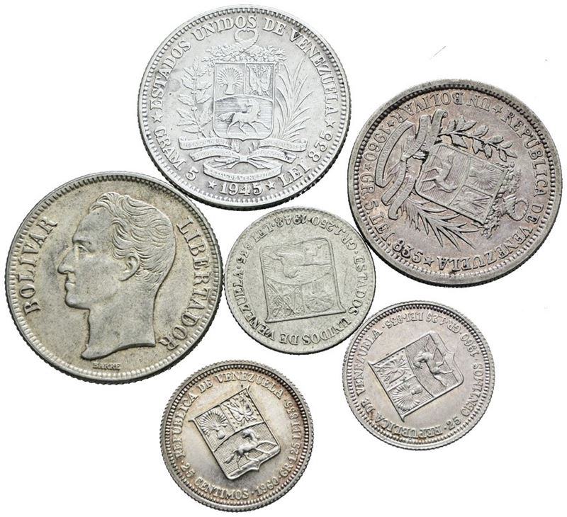 Monete da 1 bolivar e 25 centesimi di bolivar, Venezuela, Lotto di 6 esemplari in Argento