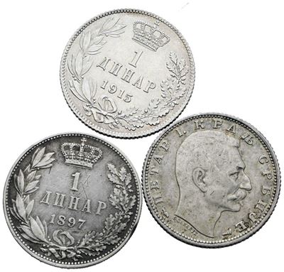 Pietro I di Serbia, Lotto di 3 monete da 1 dinar in argento