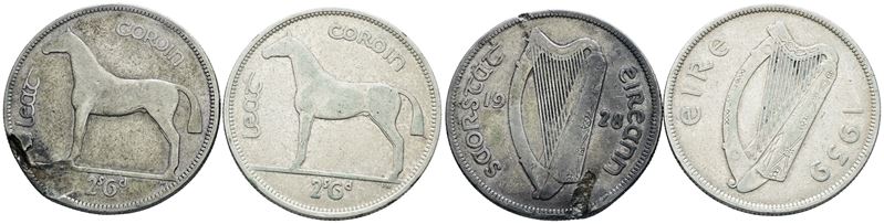 Irlanda, Lotto di 2 monete da 1/2 corona del 1928 e 1939, Argento