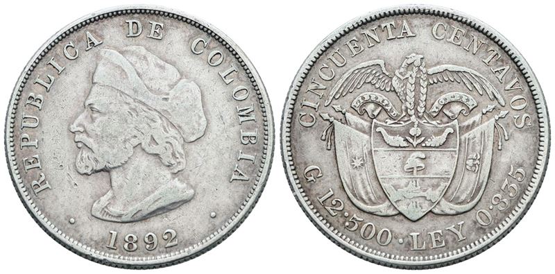 COLOMBIA. 50 centavos 1892. Ag; 12,5gr; KM 187; BB