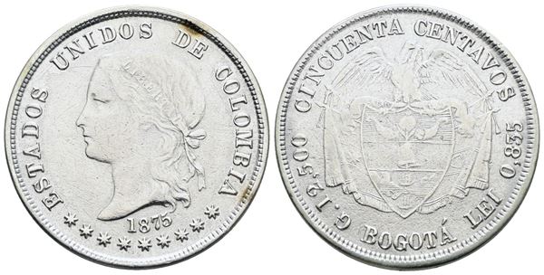 COLOMBIA. 50 centavos 1875. Ag; 12,5gr; KM 177; BB