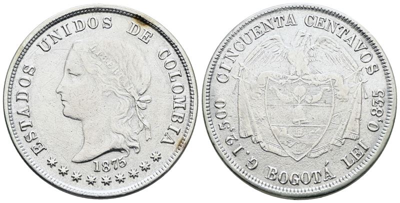 COLOMBIA. 50 centavos 1875. Ag; 12,5gr; KM 177; BB