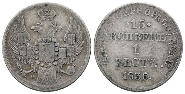 POLONIA. Nicola I (1825-1855). Zloty - 15 copechi 1836. Ag; 3,11gr; C 129; Raro; BB