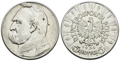 Polonia, 5 zlotych 1934, argento, 11 gr
