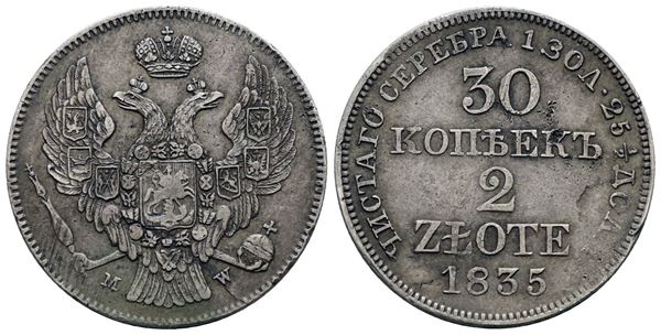 POLONIA. Nicola I (1825-1855). 2 Zlotych - 30 copechi 1835. Ag; 6,21gr; C 132; Raro; BB
