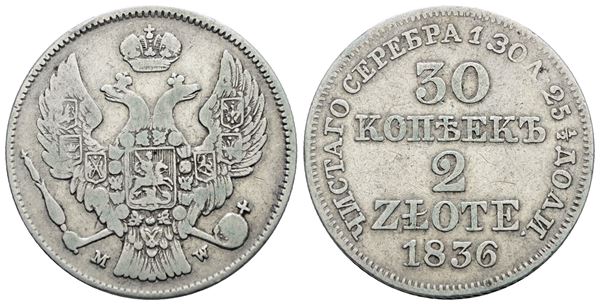 POLONIA. Nicola I (1825-1855). 2 Zlotych - 30 copechi 1836. Ag; 6,21gr; C 132; Raro; BB
