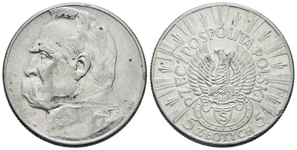 POLONIA. 5 zlotych 1934. Ag; 11gr; C 25; BB, graffio al d