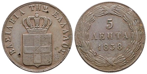 GRECIA. Otto (1832-1862). 5 lepta 1838. Cu; 6,5gr; KM 16; BB/SPL, segno nel campo al d.