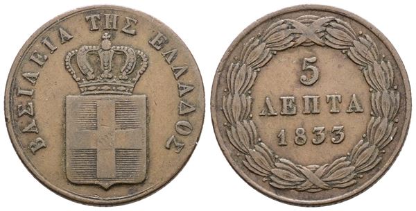 GRECIA. Otto (1832-1862). 5 lepta 1833. Cu; 6,5gr; KM 16; BB+