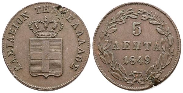 GRECIA. Otto (1832-1862). 5 lepta 1849. Cu; 6,5gr; KM 28; Raro; BB/SPL, mancanza di metallo marginale.