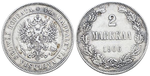 FINLANDIA. Nicola II (1895-1917). 2 markkaa 1906. Ag; 10,37gr; KM 7.2; BB+
