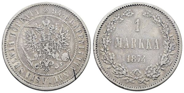 FINLANDIA. Alessandro II (1855-1881). 1 markka 1874. Ag; 5,18gr; KM 3.2; BB, graffio al d.