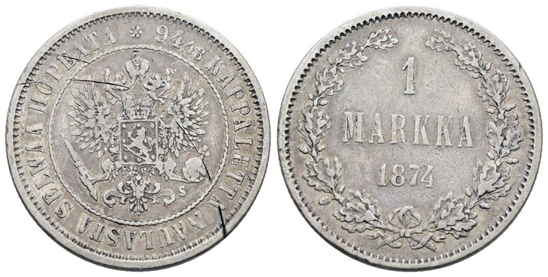 FINLANDIA. Alessandro II (1855-1881). 1 markka 1874. Ag; 5,18gr; KM 3.2; BB, graffio al d.