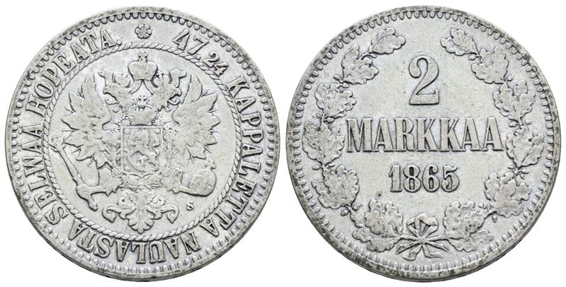 FINLANDIA. Alessandro II (1855-1881). 2 markkaa 1865. Ag; 10,37gr; KM 7.1; BB+