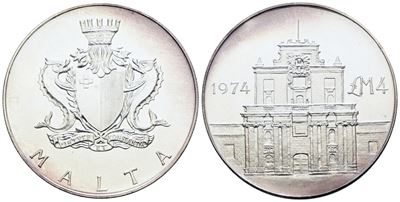 Malta, 4 Lire 1974 'Porta della Vergine delle Grazie', Argento, 20 gr, KM 25