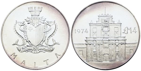 MALTA. 4 lire 1974 "Porta della Vergine delle Grazie". Ag; 20gr; KM 25; FDC
