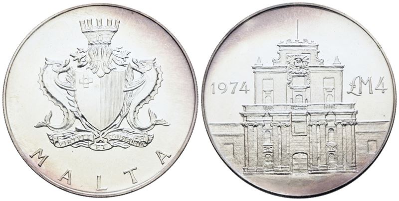 Malta, 4 Lire 1974 'Porta della Vergine delle Grazie', Argento, 20 gr, KM 25