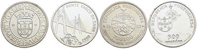 Portogallo, Lotto di 2 monete da 750 escudos (1983) e 500 escudos (1998), Argento, FDC