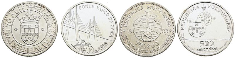 Portogallo, Lotto di 2 monete da 750 escudos (1983) e 500 escudos (1998), Argento, FDC