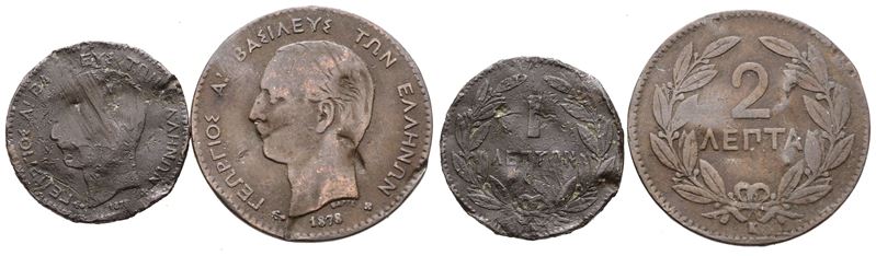 Giorgio I, Lotto di 2 monete da 1 e 2 lepta, 1878, Cu