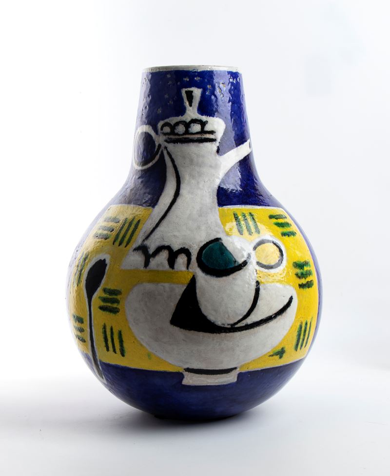 Guerrino Tramonti - Grande vaso in terracotta smaltata con decorazioni blu e gialle